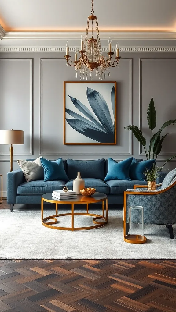 A stylish blue and gray living room featuring gold accents.