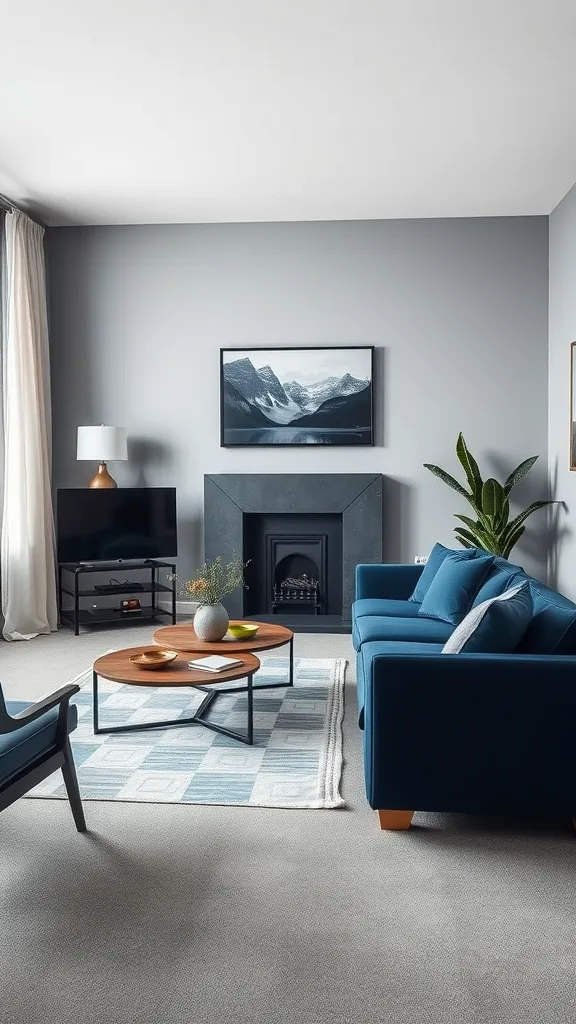 Living room featuring navy blue accent furniture, gray walls, cozy atmosphere