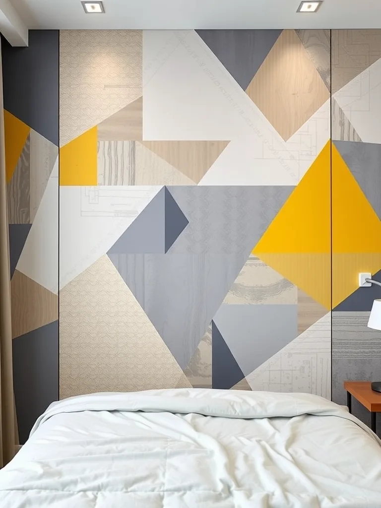 Accent wall featuring grey and yellow geometric patterns in a modern bedroom