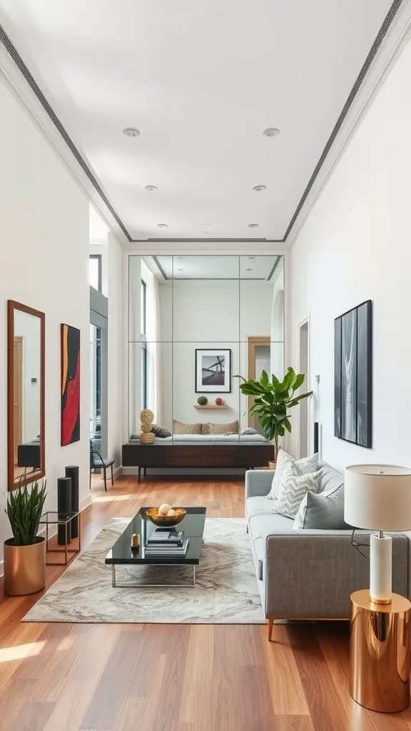 Long narrow living room with mirrors reflecting light