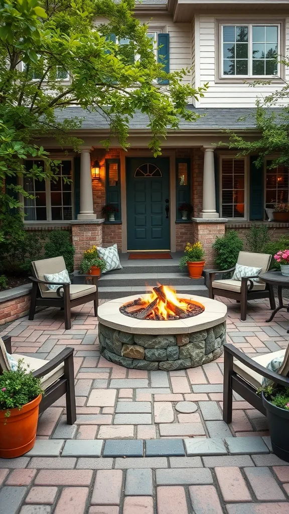 A cozy fire pit surrounded by chairs and potted plants in a front yard.