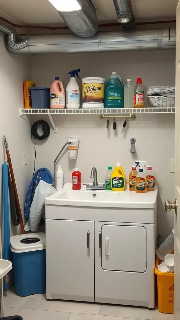 A basement laundry room with a white laundry sink, cleaning supplies on shelves, and organized items.