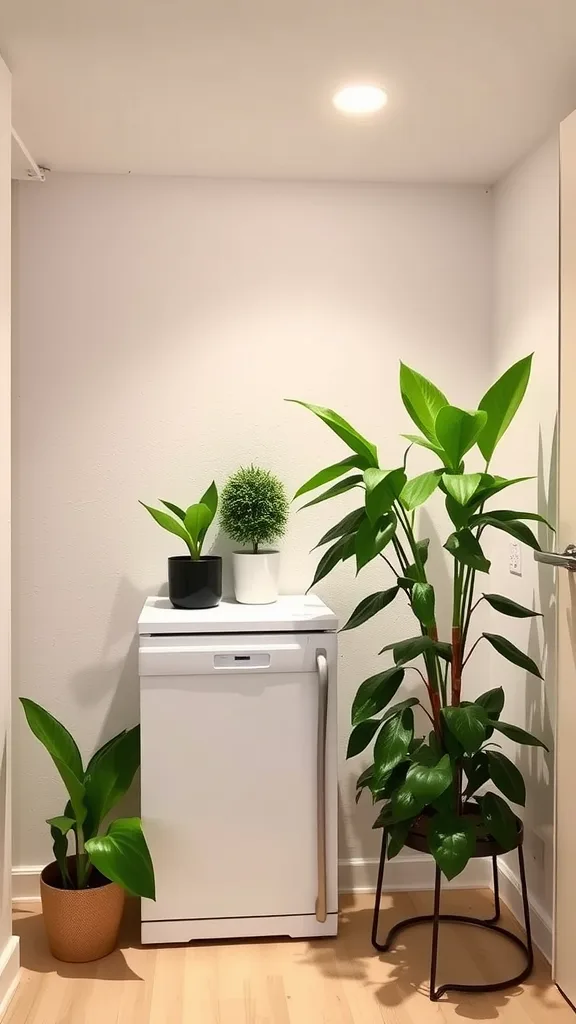 A basement kitchenette with various indoor plants on shelves and the floor, creating a lively atmosphere.