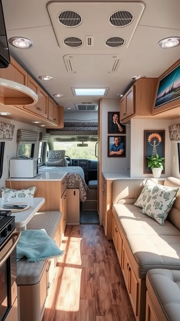 Cozy RV interior with comfortable seating and soft lighting.