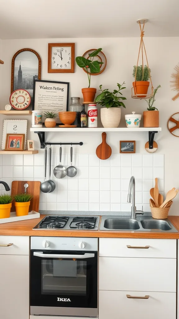 Stylish Ikea kitchen with personal decor including plants, wall art, and kitchenware