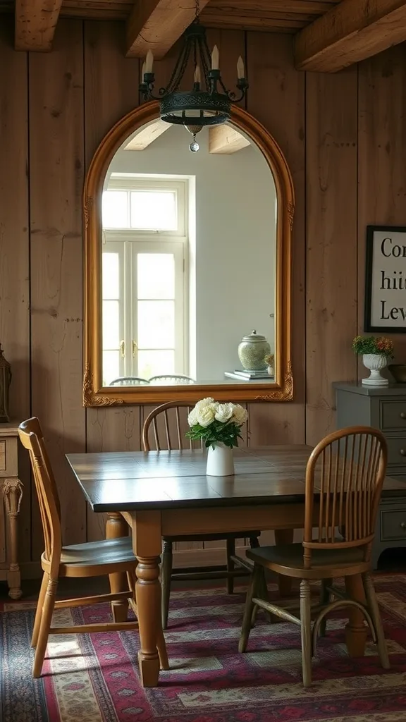 A cozy farmhouse dining room with a large antique mirror, wooden table, and fresh flowers.