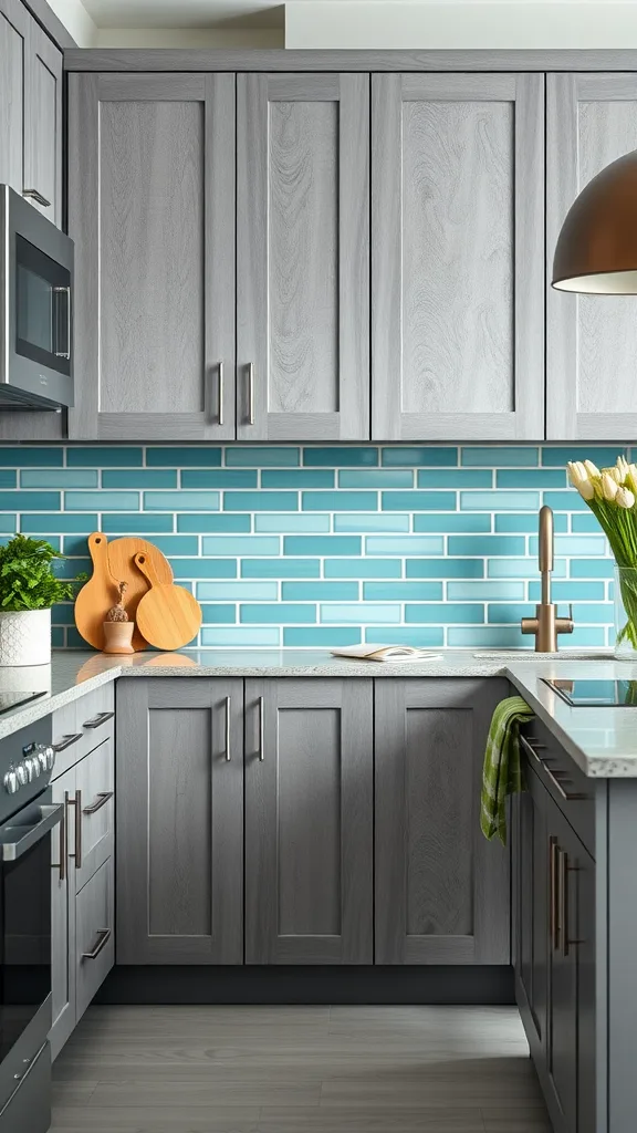 A modern kitchen featuring aquamarine backsplash tiles and concrete grey cabinets.