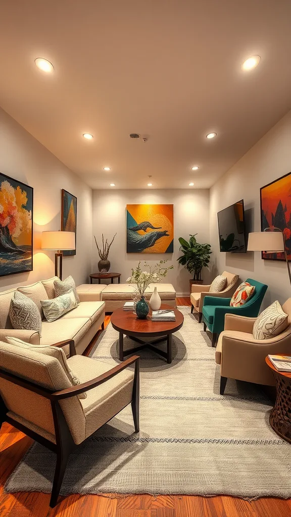 A long narrow living room with L-shaped furniture arrangement, featuring sofas, a coffee table, and decorative art.