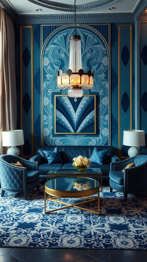 Art Deco inspired living room featuring blue walls, stylish furniture, and a chandelier.