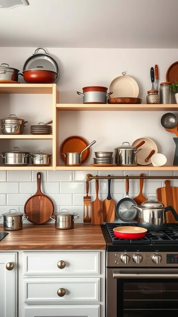 A modern kitchen with an artful display of cookware, showcasing pots, pans, and wooden utensils arranged on open shelves.