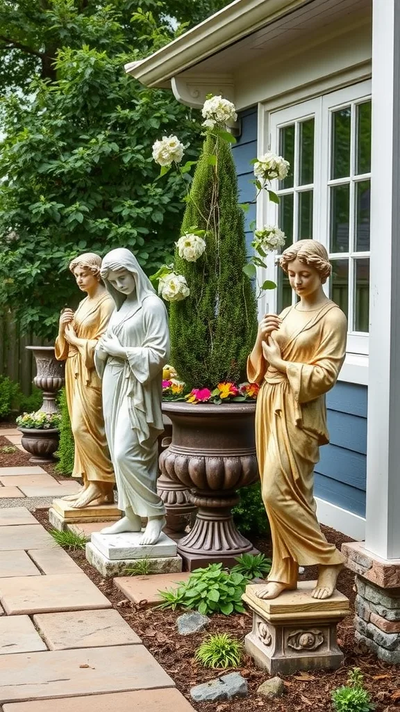 Three garden statues surrounded by flowers on a patio.