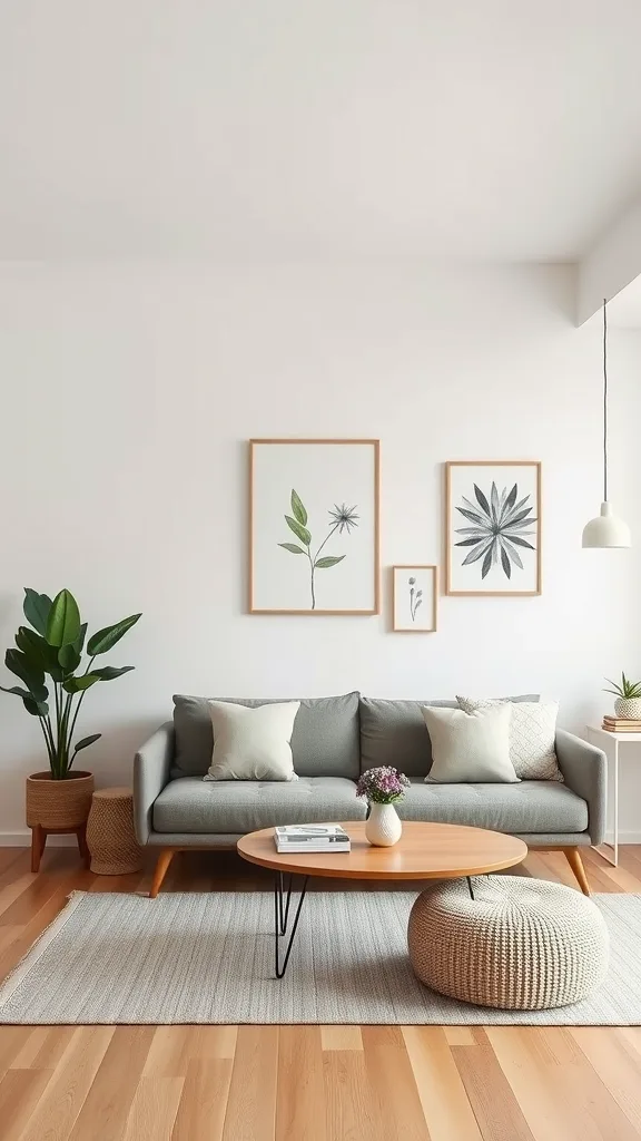 A stylish Japandi living room featuring a TV mounted on a brown wooden panel, surrounded by green plants and minimalist furniture.