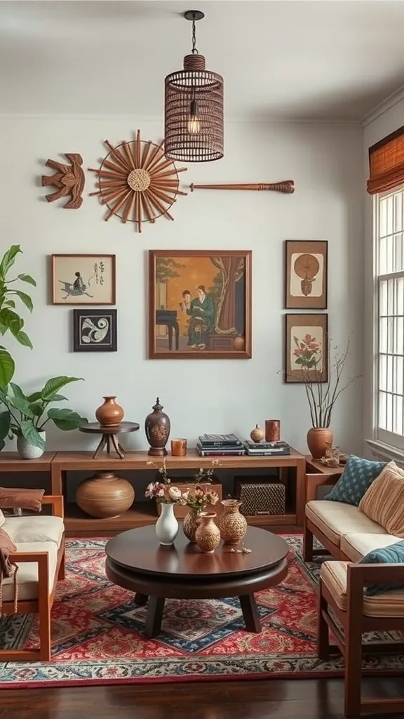 A cozy Japandi living room featuring handcrafted wooden furniture, pottery, and wall art.