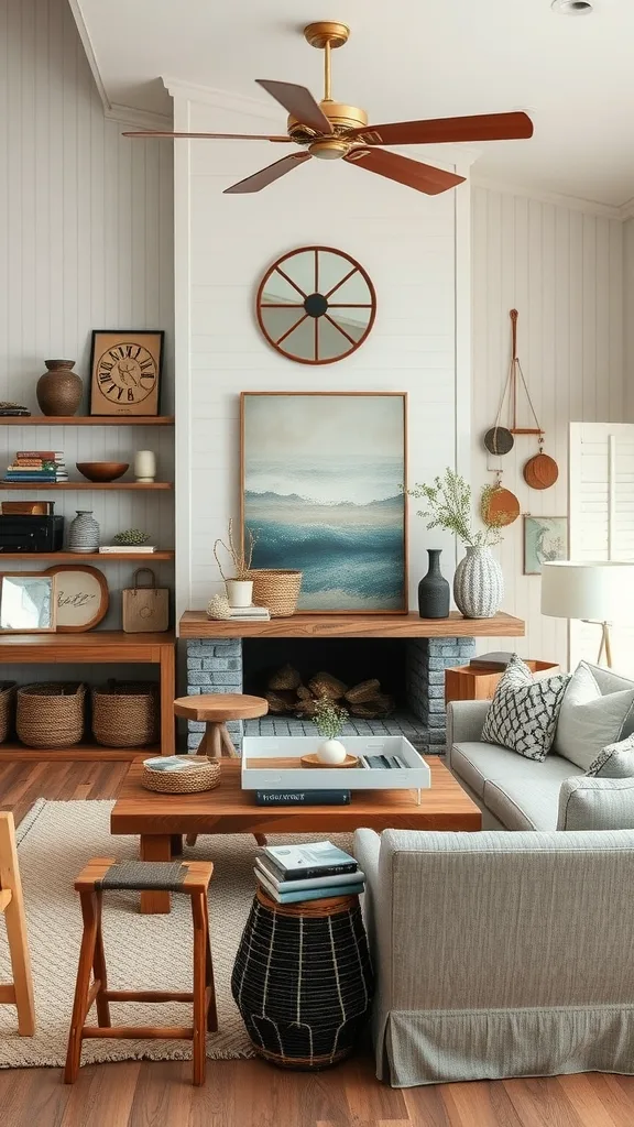 A neutral coastal living room featuring artisan handmade decor, including wooden furniture, woven baskets, and ocean-themed artwork.