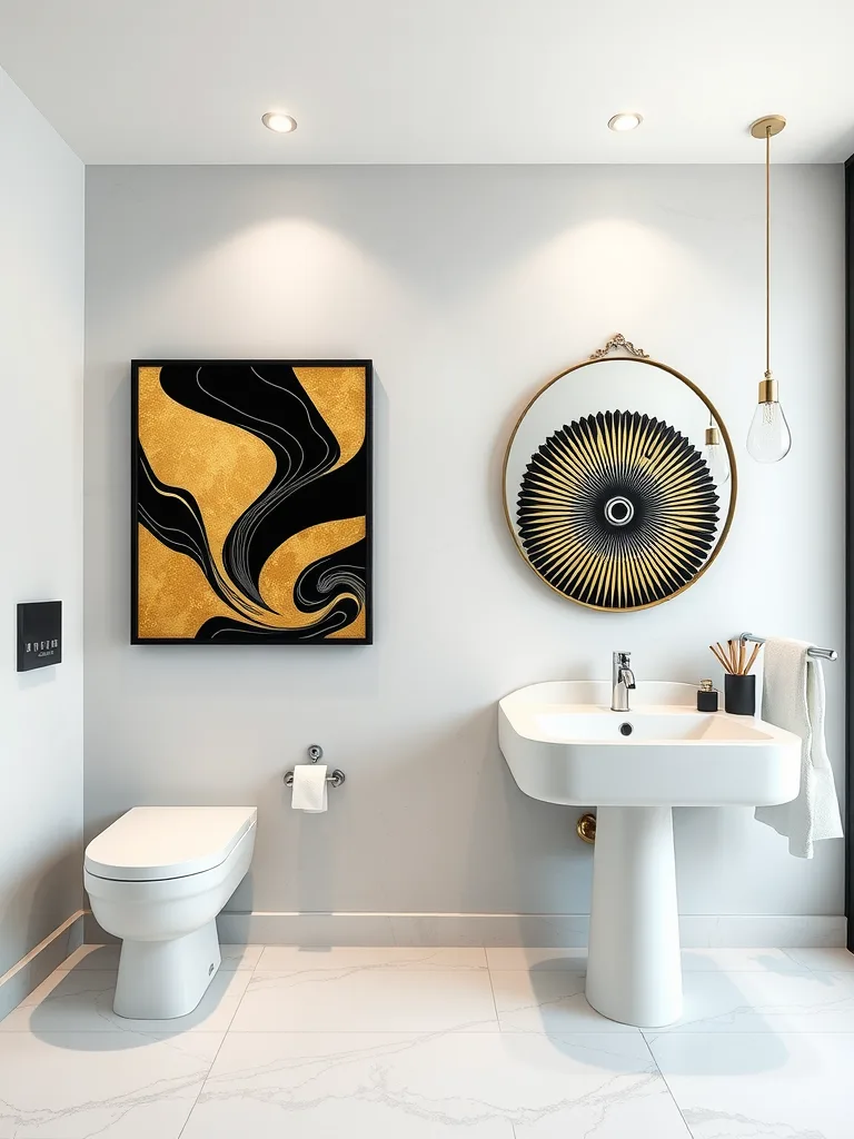 A modern bathroom featuring black and gold wall art, a circular mirror, and sleek fixtures