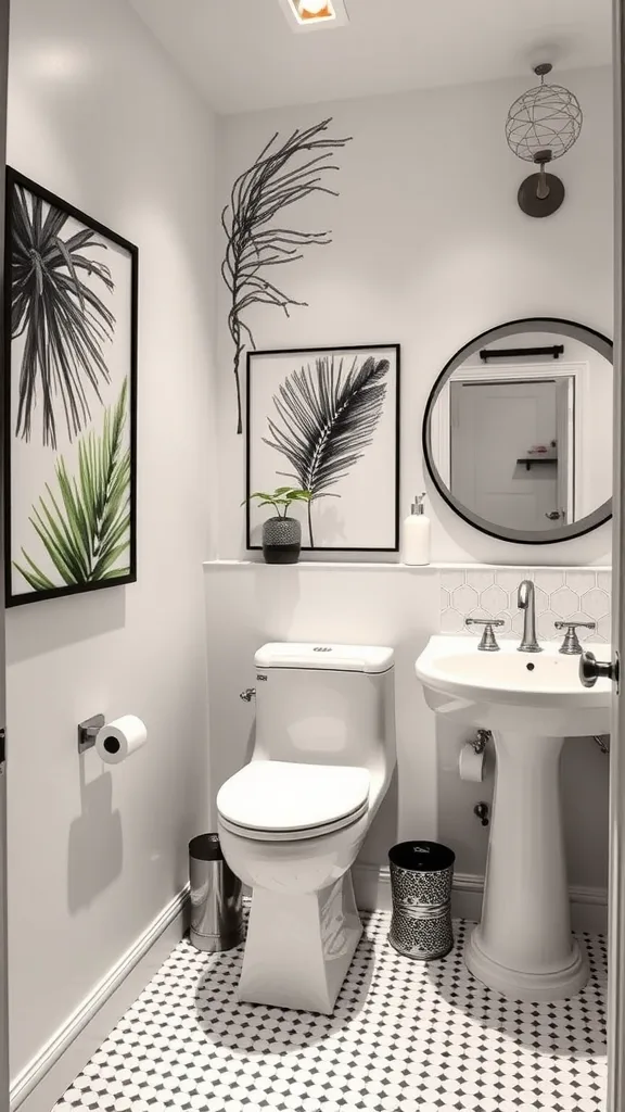 A stylish black half bathroom featuring artistic black artwork on the walls, modern lighting fixtures, and a clean design.