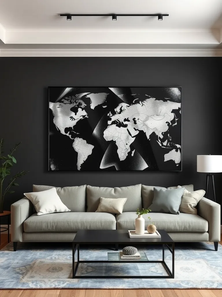 A stylish living room featuring a large black and white world map on a black wall, with a gray couch and a coffee table.