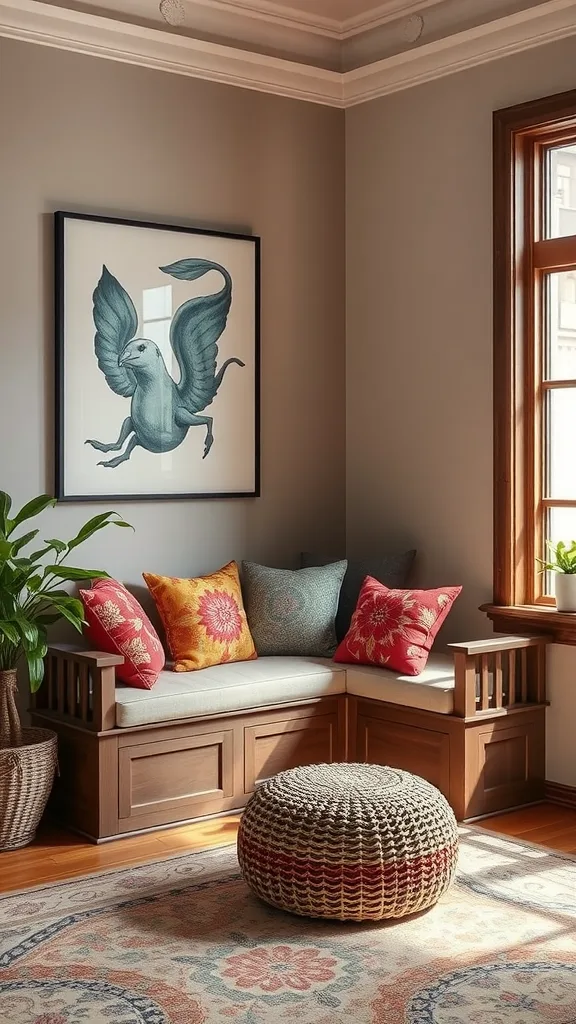 Cozy corner bench in living room with decorative pillows and artwork