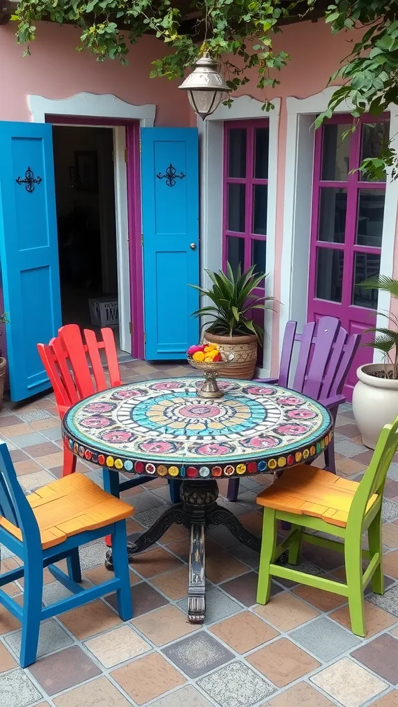 Colorful mosaic table surrounded by bright chairs in a patio setting