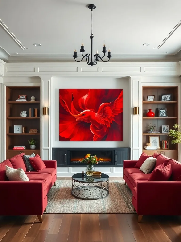 A living room with red walls and red sofas featuring a vibrant wall art of a bird.