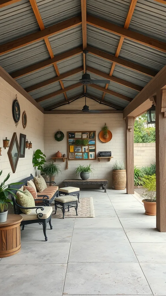 A covered outdoor patio with artistic wall decor including pictures, mirrors, and plants.