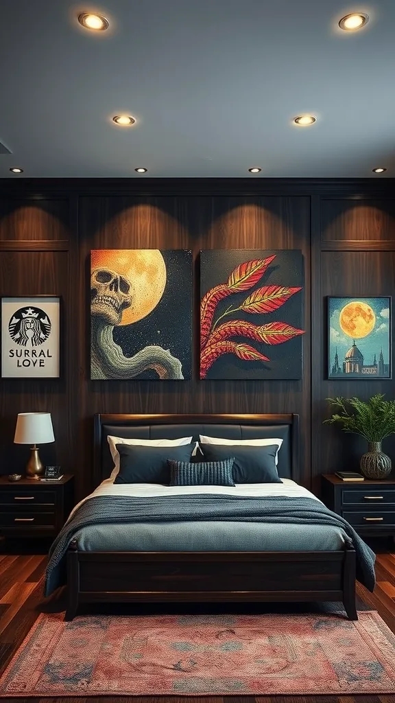 A stylish bedroom featuring dark wood paneling, artistic wall decor including a skull and colorful leaves, and cozy bedding.