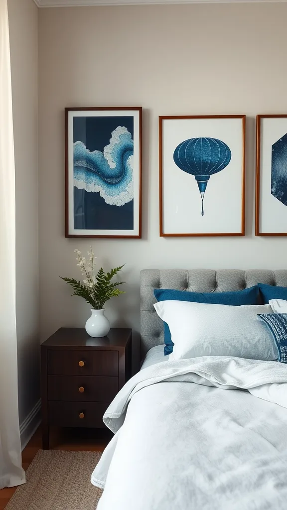 Navy blue artwork displayed above a neatly made bed with white linens and a bedside table