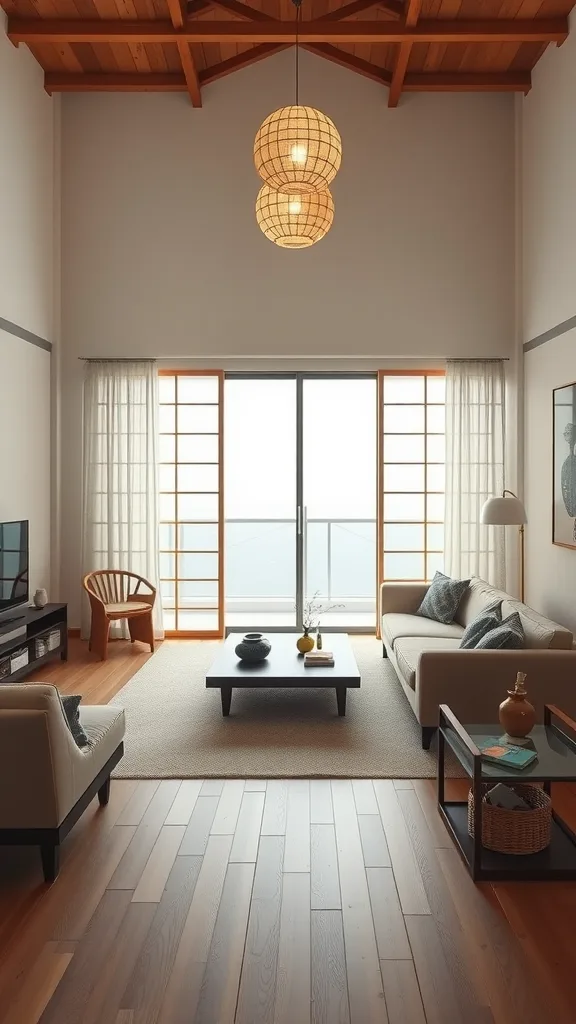 A stylish Japandi living room featuring balanced furniture arrangement.