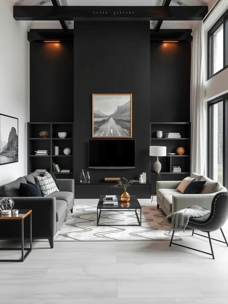 A modern black living room featuring a black accent wall, light furniture, and a geometric rug.