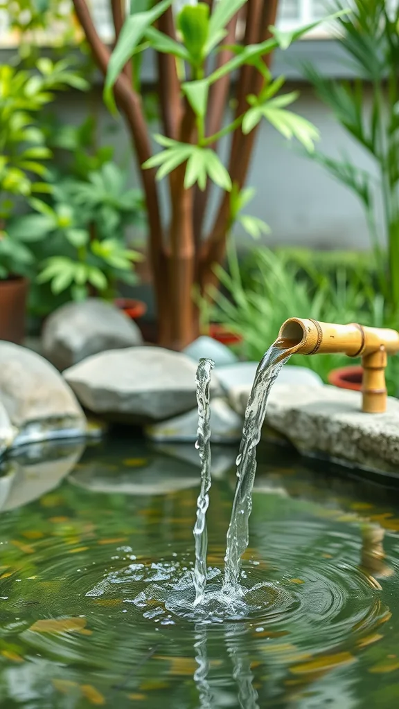 Bamboo water spout with water flowing into a pond surrounded by greenery