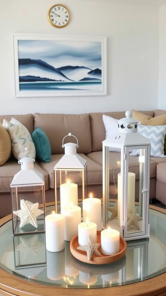 Coastal living room with white lanterns and candles on a coffee table