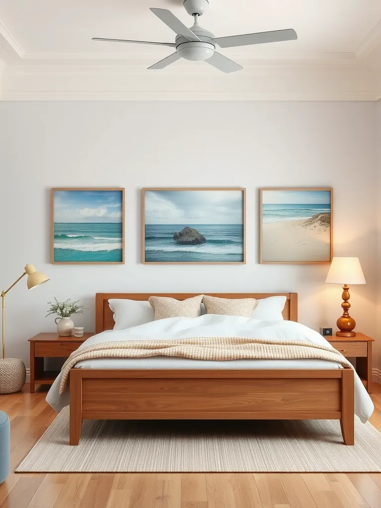 A cozy bedroom featuring beach-themed wall art with ocean views in wooden frames