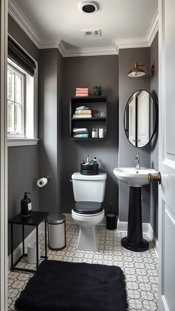 Black accent furniture in a stylish half bathroom