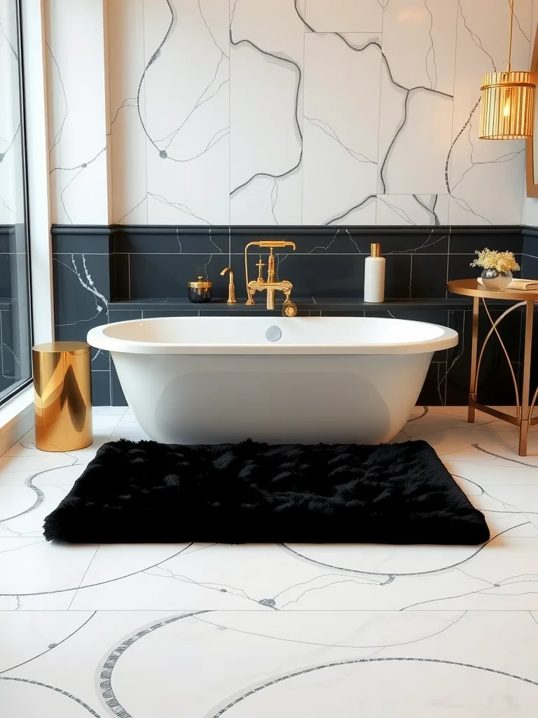 A stylish black bath mat in a luxurious bathroom setting with gold accents.