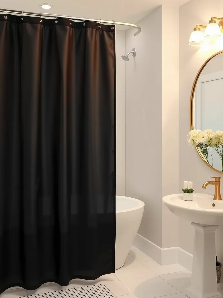 A stylish black and gold shower curtain in a modern bathroom setting.