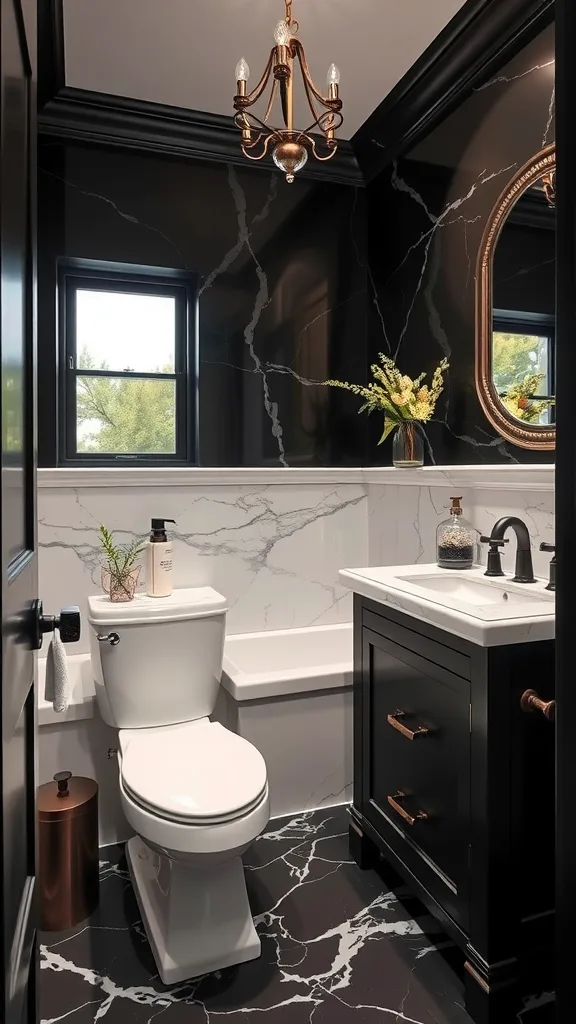 A stylish black half bathroom featuring a marble countertop and elegant decor.