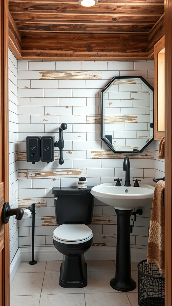 A stylish half bathroom featuring black fixtures and rustic elements, including wood accents and patterned tiles.