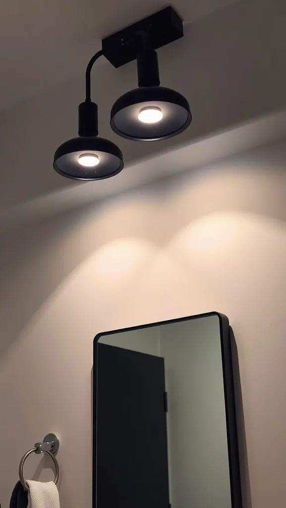 Stylish black lighting fixtures above a mirror in a half bathroom.