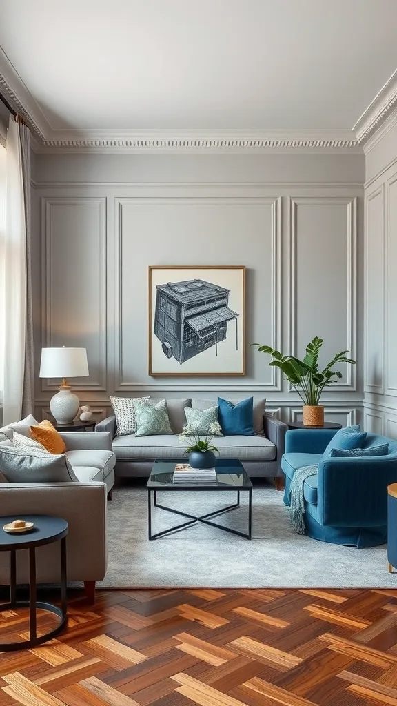 A stylish living room showcasing a blend of classic gray and modern blue decor.