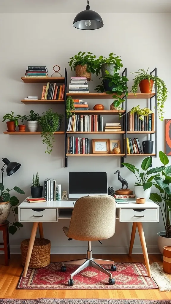 A cozy home office with bohemian-inspired shelving, featuring books and plants.