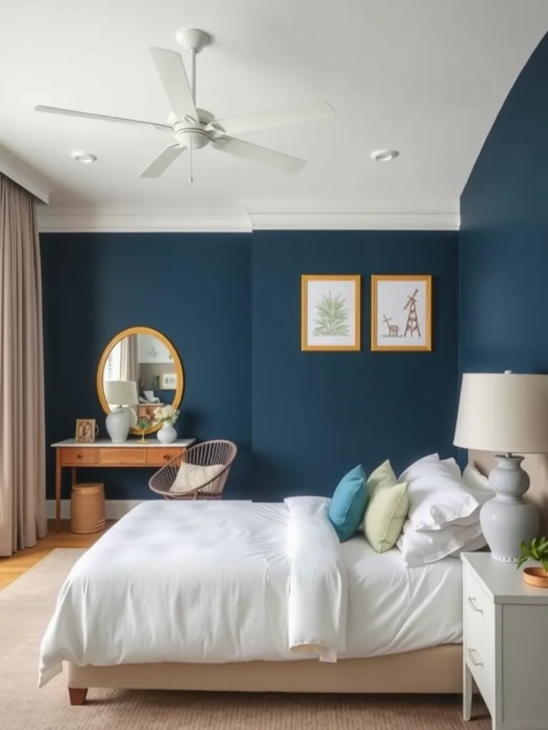 A coastal bedroom featuring a bold blue accent wall, light bedding, and stylish decor.