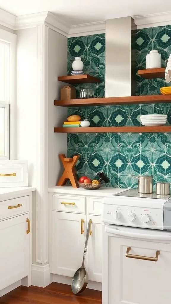 A modern kitchen featuring a bold geometric tile backsplash in warm colors with dark cabinetry and wooden shelves.