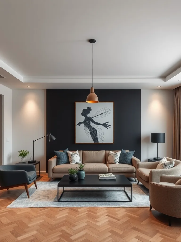 A living room featuring a bold black accent wall behind a stylish seating arrangement, highlighting a modern aesthetic.