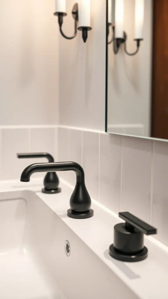 Close-up of black faucets and sink in a modern bathroom