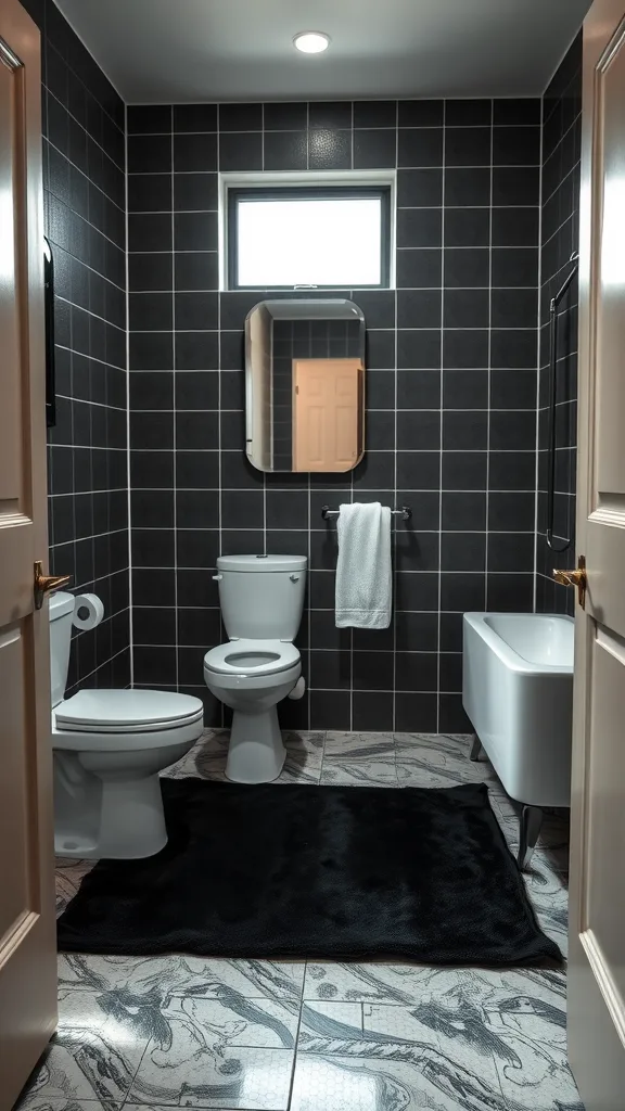 A bold black rug in a modern half bathroom with black tiled walls and white fixtures.