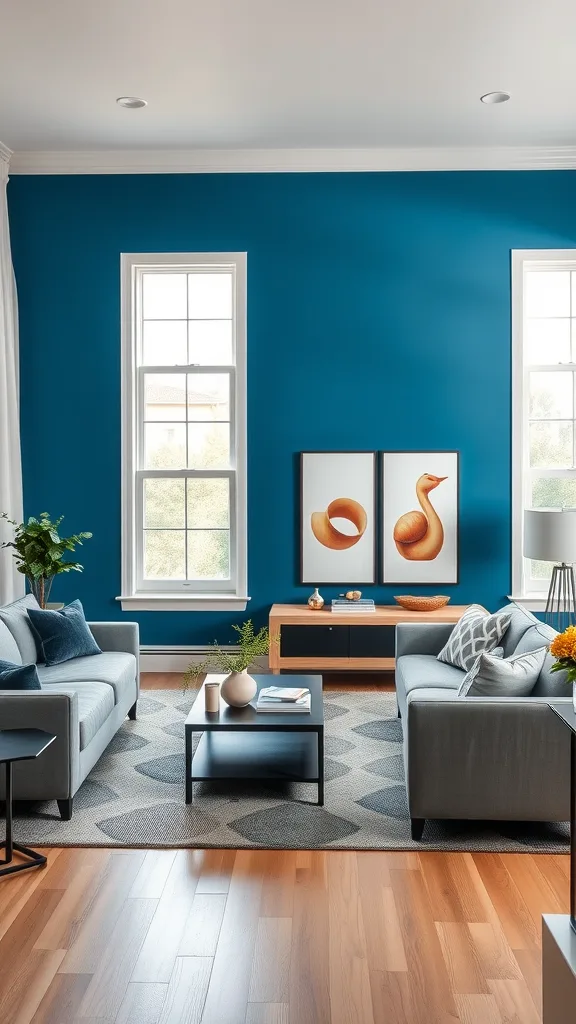 A stylish living room featuring a bold blue wall with gray sofas and modern decor.