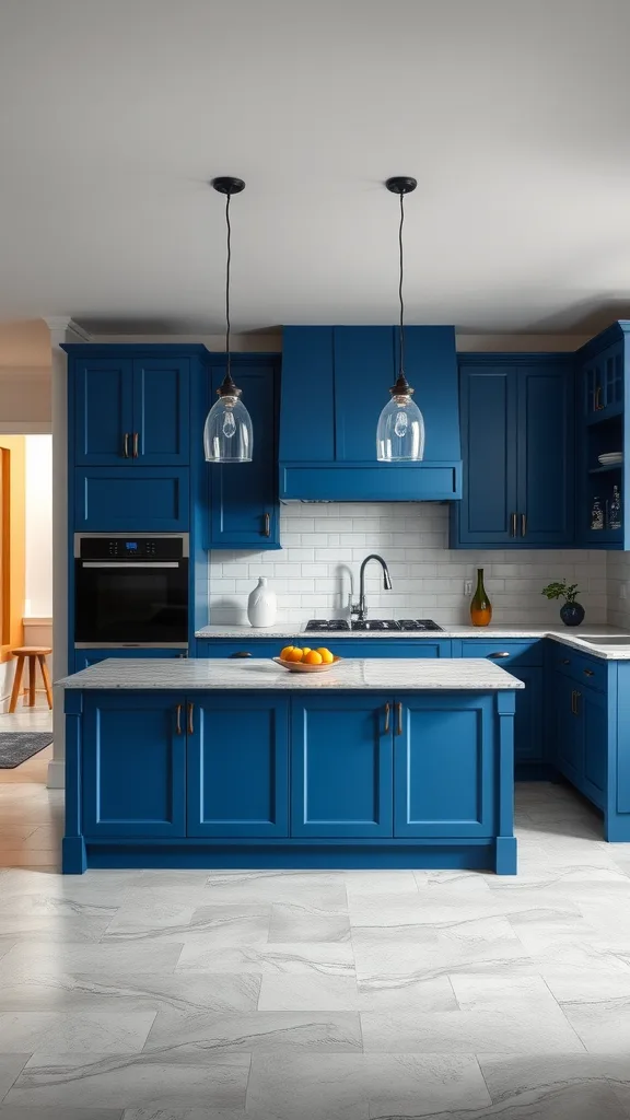 A kitchen showcasing a blue island with grey countertops, highlighting modern design.