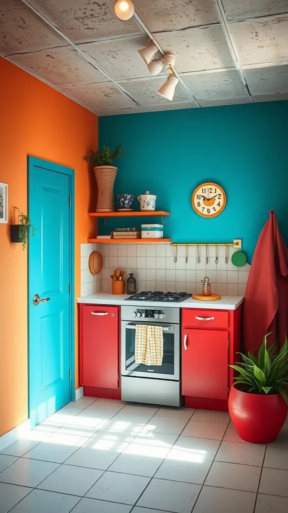 A colorful basement kitchenette featuring orange walls, a teal door, and red cabinets.