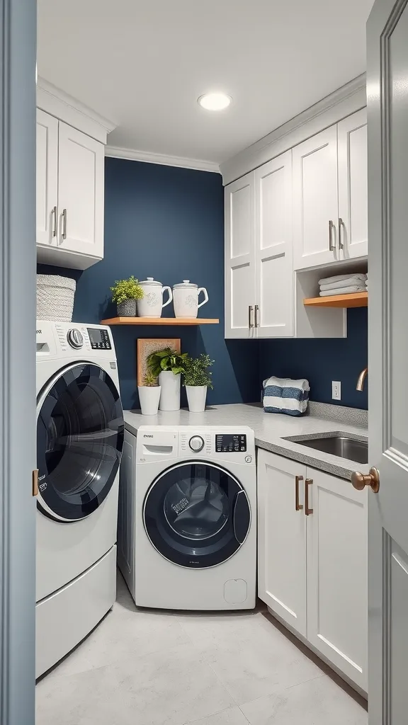 A modern laundry room with navy blue walls, white cabinets, and green plants.