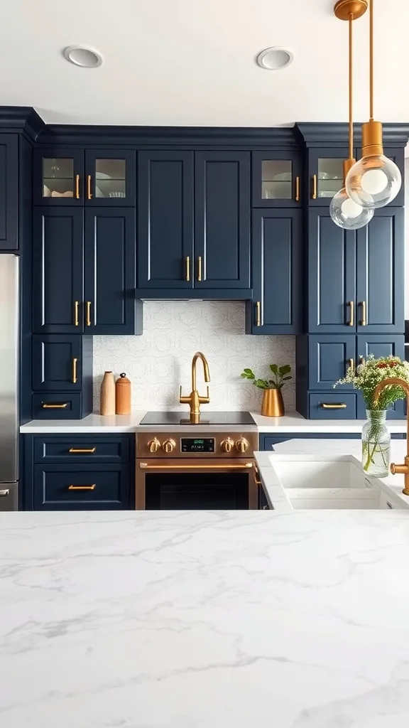 A modern kitchen featuring bold navy blue cabinets, gold hardware, and a marble countertop.